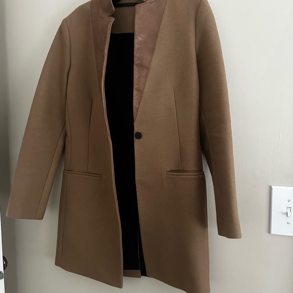 All Saints Irish Lorie wool coat, camel with leather collar/trim - Picture 8 of 16